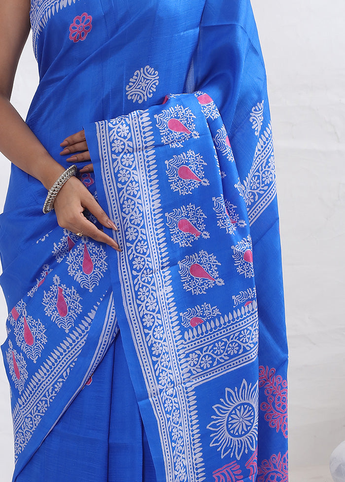 Blue Printed Pure Silk Saree With Blouse Piece - Indian Silk House Agencies