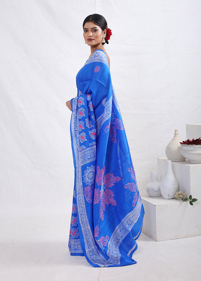 Blue Printed Pure Silk Saree With Blouse Piece - Indian Silk House Agencies