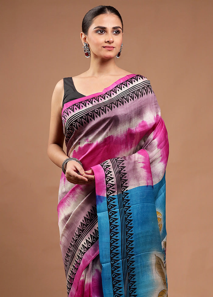 Pink Printed Pure Silk Saree Without Blouse Piece