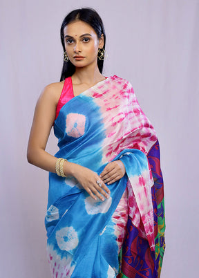 Blue Printed Pure Silk Saree With Blouse Piece - Indian Silk House Agencies