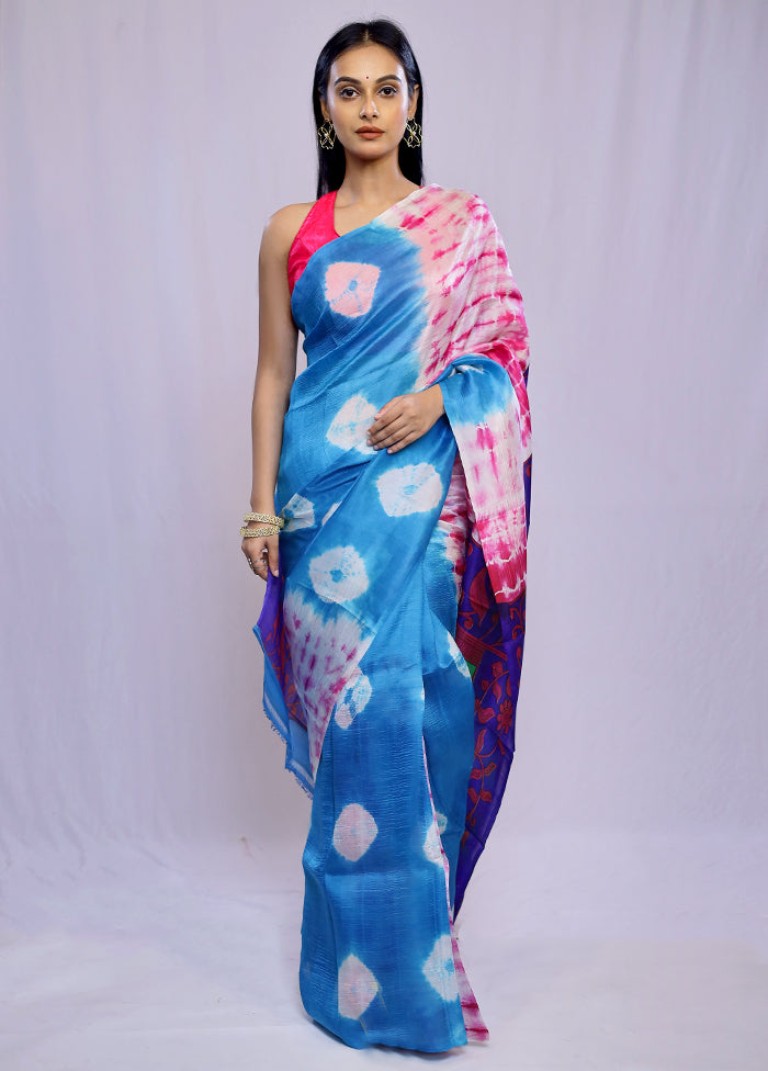 Blue Printed Pure Silk Saree With Blouse Piece - Indian Silk House Agencies