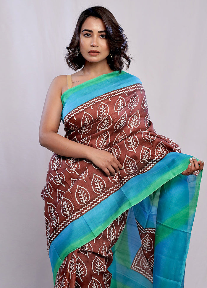 Brown Printed Pure Silk Saree With Blouse Piece - Indian Silk House Agencies