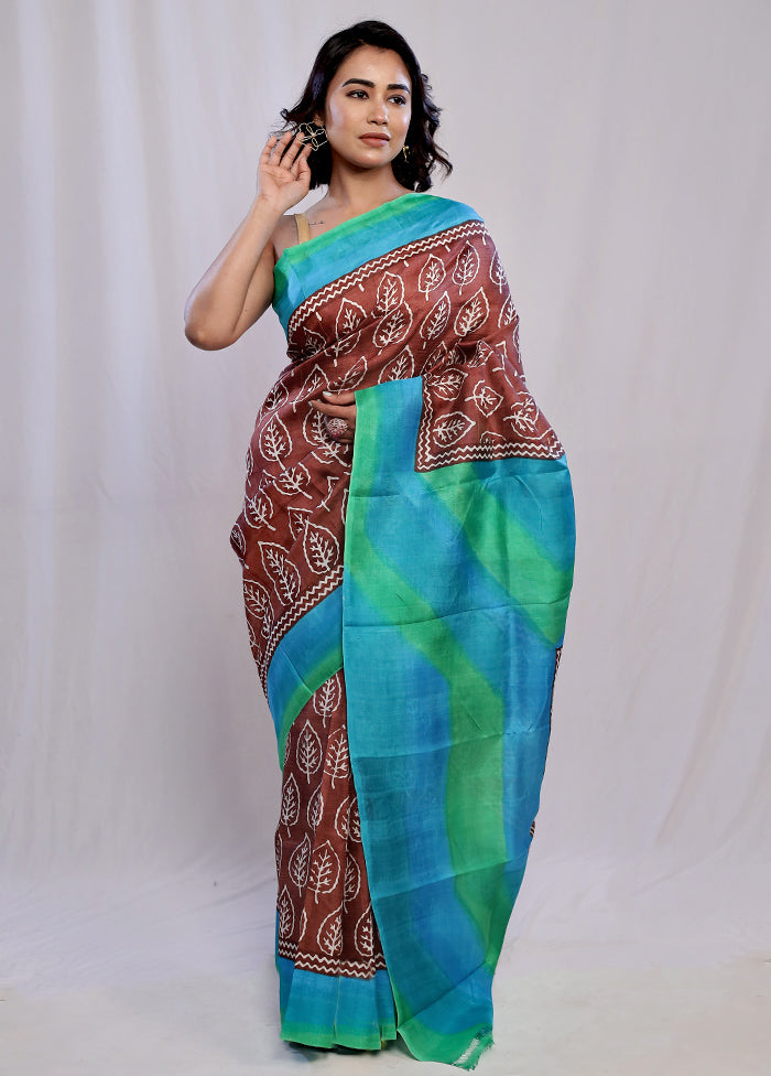 Brown Printed Pure Silk Saree With Blouse Piece - Indian Silk House Agencies