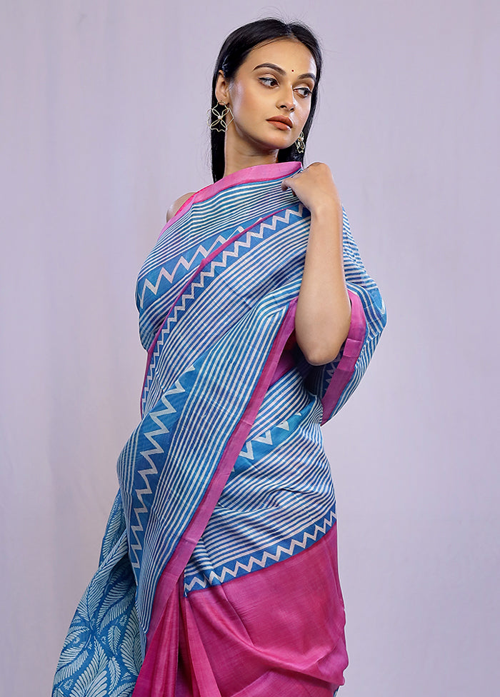 Blue Printed Pure Silk Saree With Blouse Piece - Indian Silk House Agencies