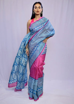 Blue Printed Pure Silk Saree With Blouse Piece - Indian Silk House Agencies