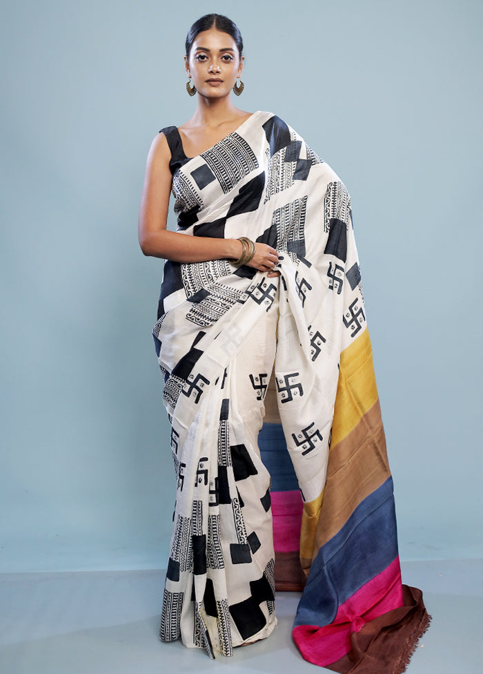 Cream Printed Pure Silk Saree With Blouse Piece - Indian Silk House Agencies