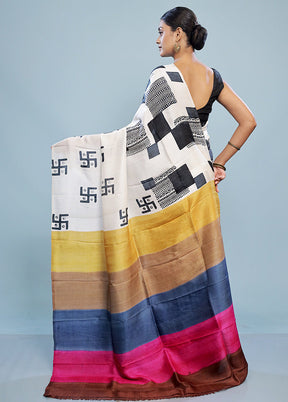 Cream Printed Pure Silk Saree With Blouse Piece - Indian Silk House Agencies