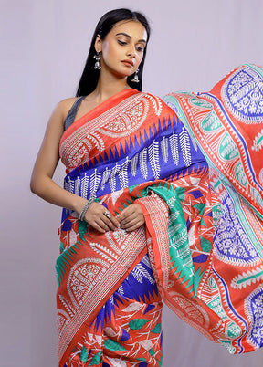 Blue Printed Pure Silk Saree With Blouse Piece - Indian Silk House Agencies