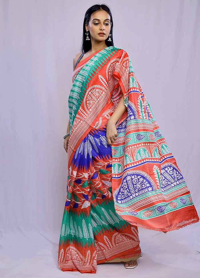 Blue Printed Pure Silk Saree With Blouse Piece - Indian Silk House Agencies