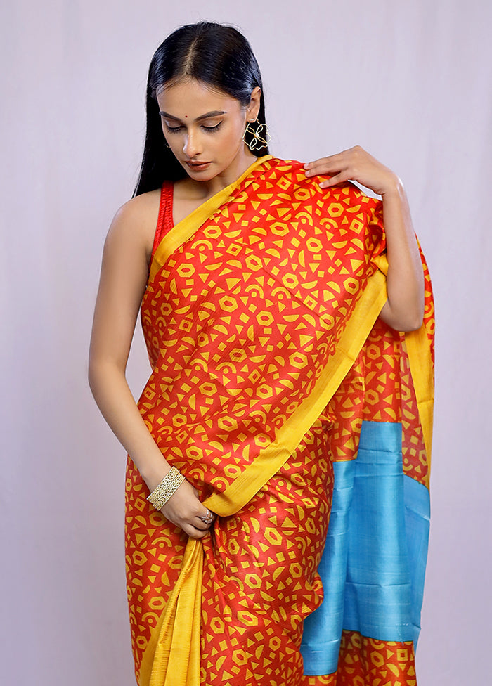 Red Printed Pure Silk Saree With Blouse Piece - Indian Silk House Agencies