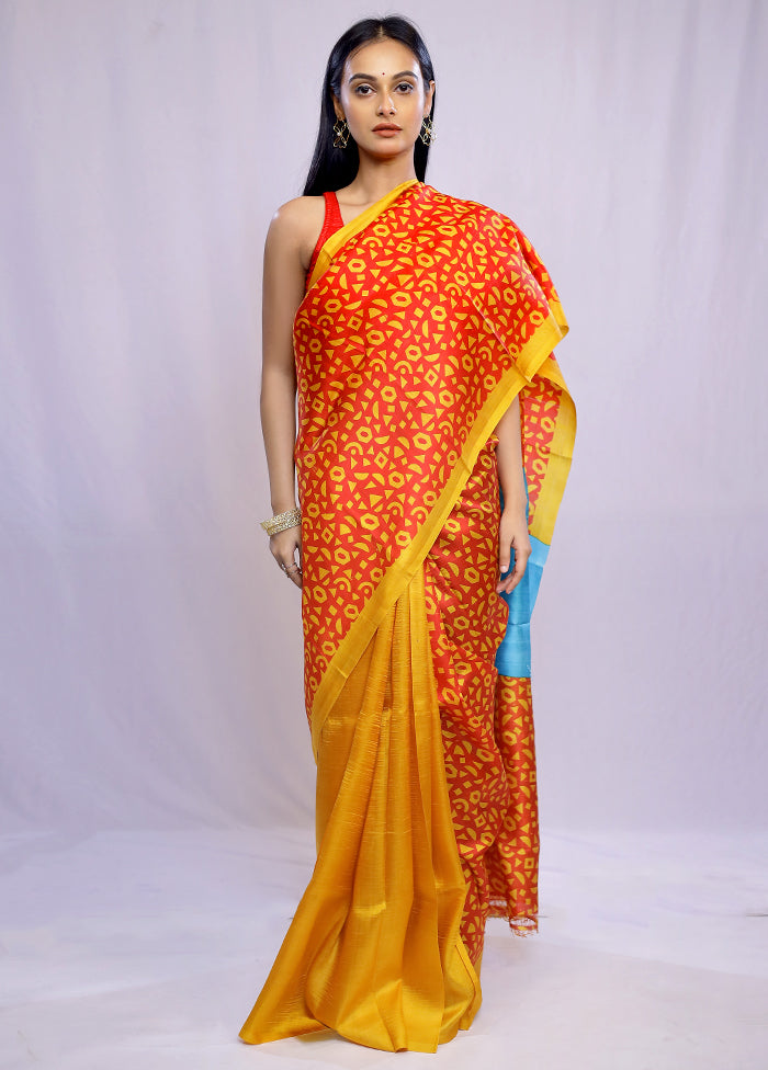 Red Printed Pure Silk Saree With Blouse Piece - Indian Silk House Agencies