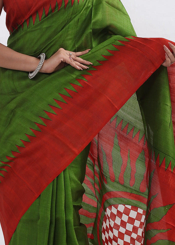 Green Printed Pure Silk Saree With Blouse Piece - Indian Silk House Agencies