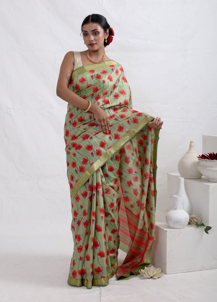 Green Printed Pure Silk Saree With Blouse Piece - Indian Silk House Agencies