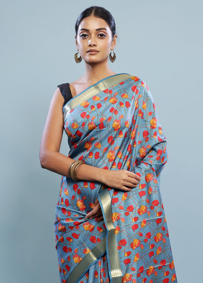 Blue Printed Pure Silk Saree With Blouse Piece - Indian Silk House Agencies