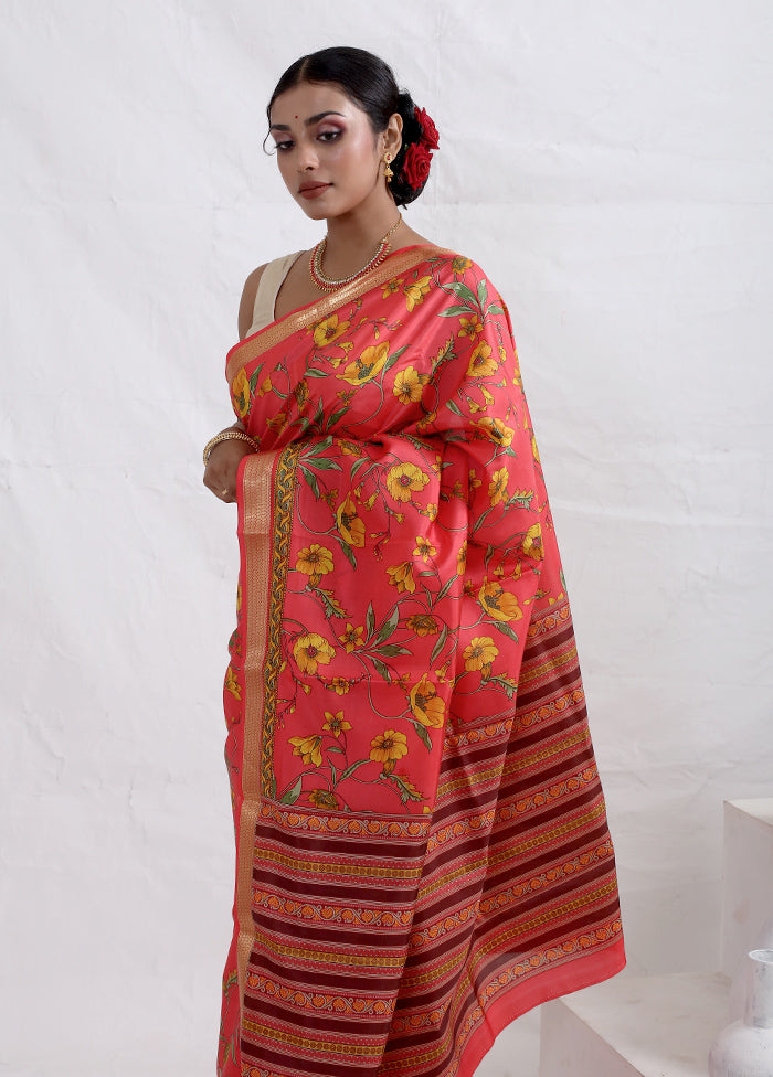 Pink Printed Pure Silk Saree With Blouse Piece - Indian Silk House Agencies