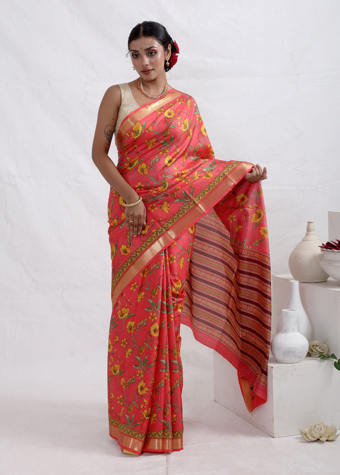 Pink Printed Pure Silk Saree With Blouse Piece - Indian Silk House Agencies