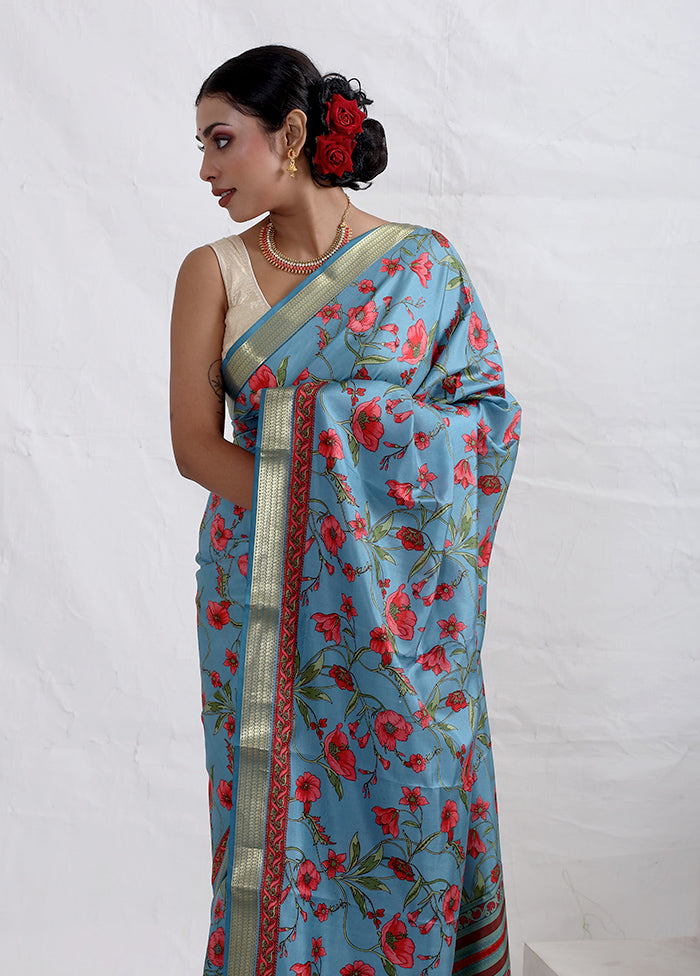 Blue Printed Pure Silk Saree With Blouse Piece - Indian Silk House Agencies