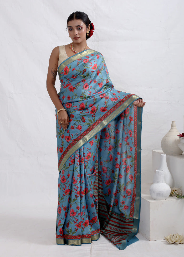 Blue Printed Pure Silk Saree With Blouse Piece - Indian Silk House Agencies