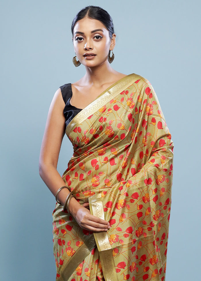 Yellow Printed Pure Silk Saree With Blouse Piece - Indian Silk House Agencies