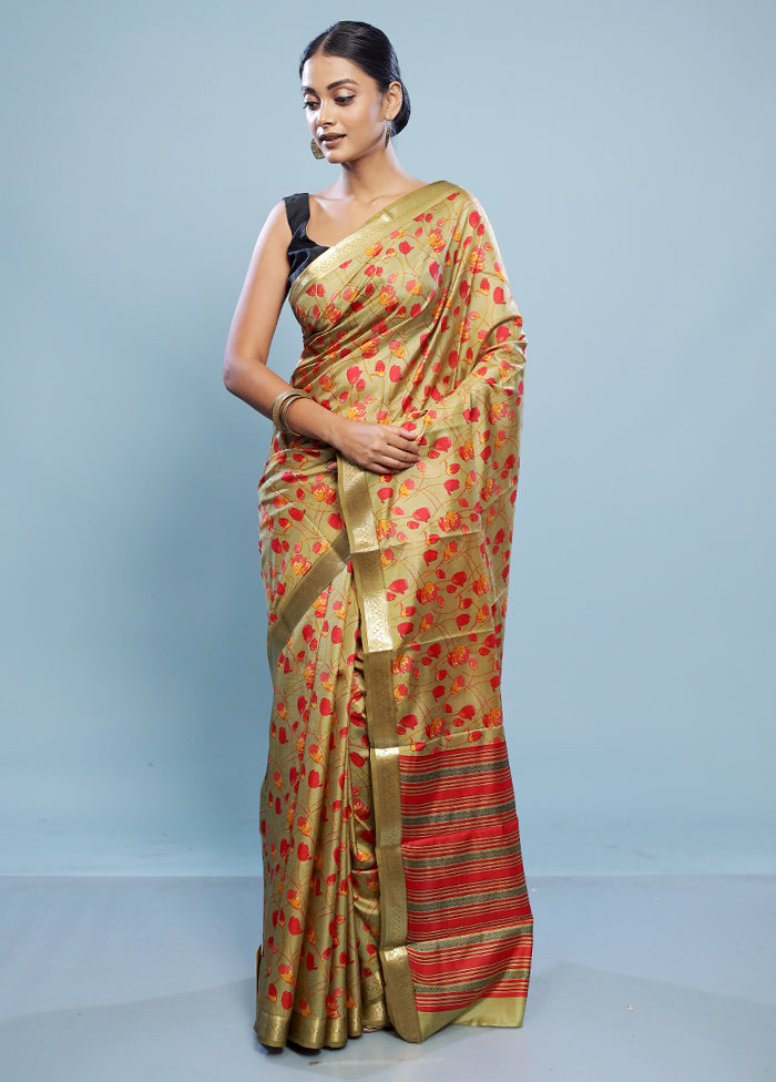 Yellow Printed Pure Silk Saree With Blouse Piece - Indian Silk House Agencies