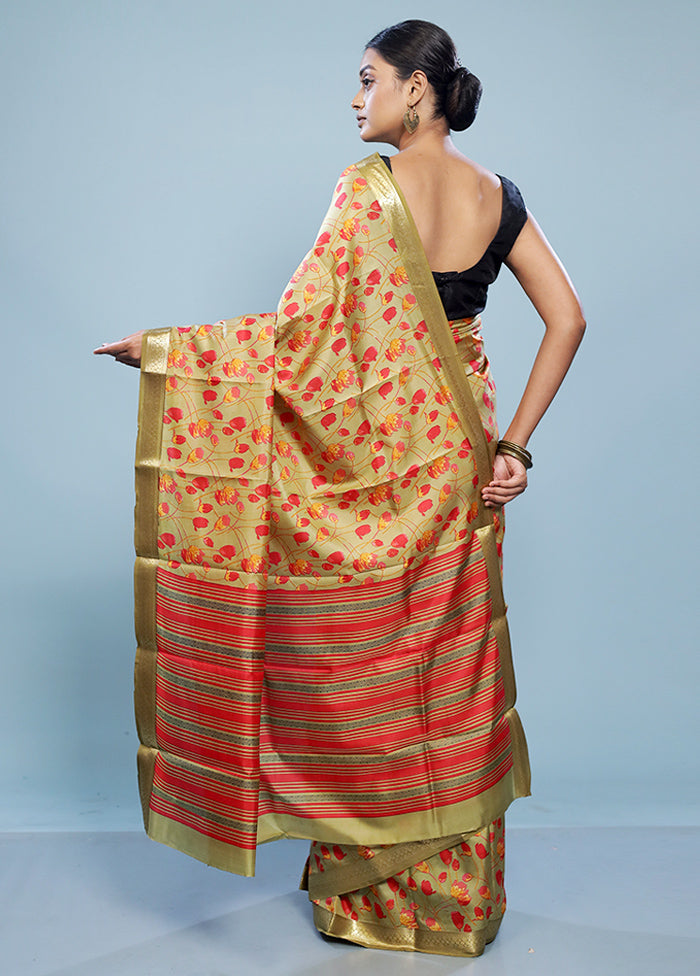 Yellow Printed Pure Silk Saree With Blouse Piece - Indian Silk House Agencies