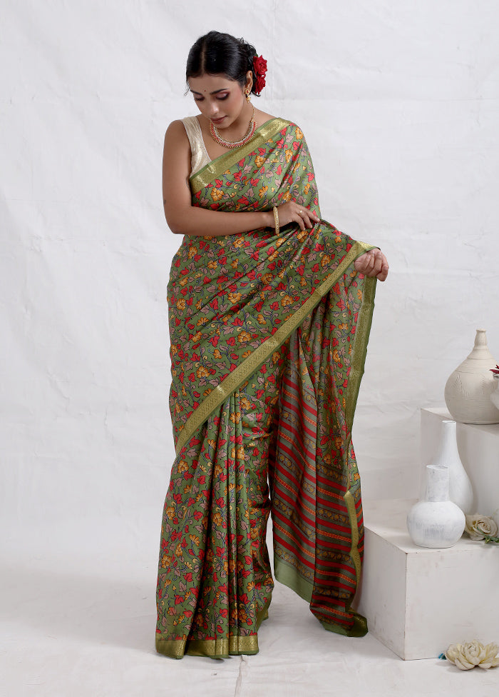 Green Printed Pure Silk Saree With Blouse Piece - Indian Silk House Agencies