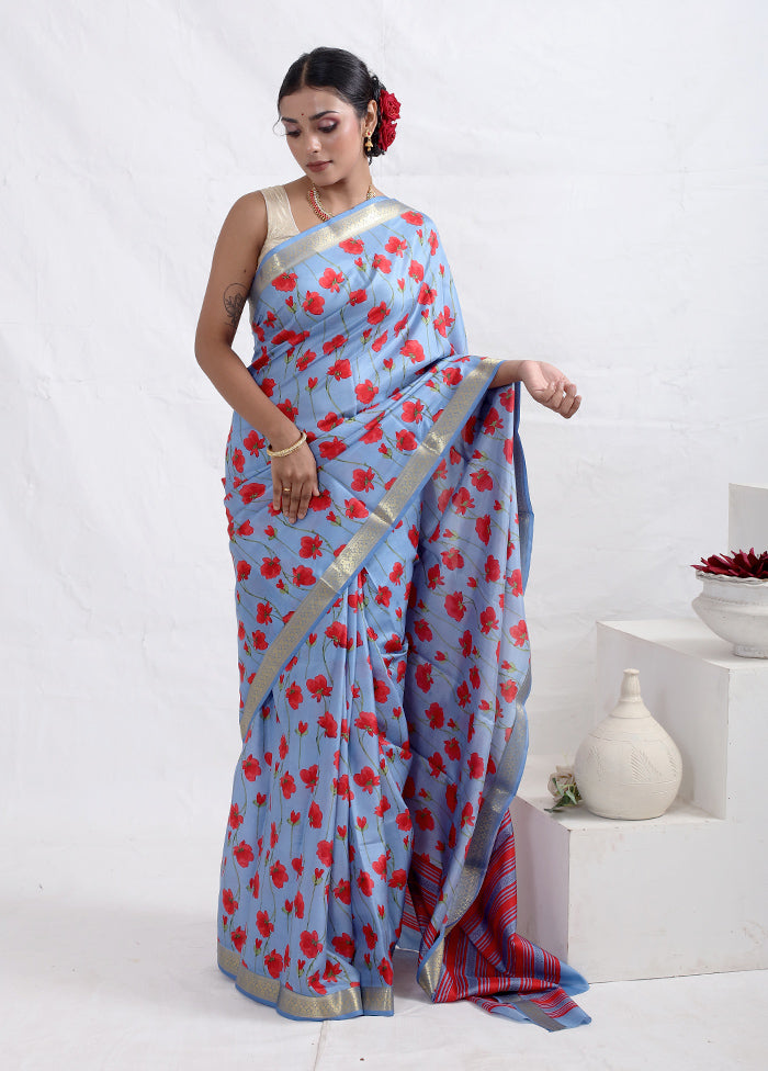 Blue Printed Pure Silk Saree With Blouse Piece - Indian Silk House Agencies