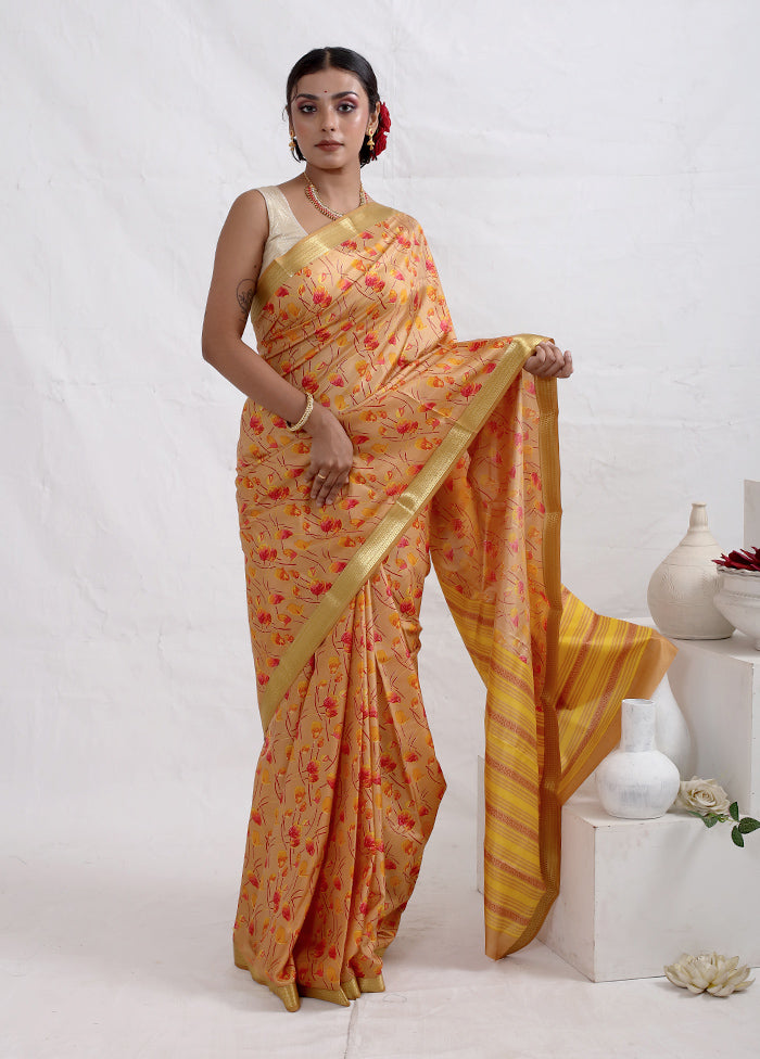 Cream Printed Pure Silk Saree With Blouse Piece - Indian Silk House Agencies