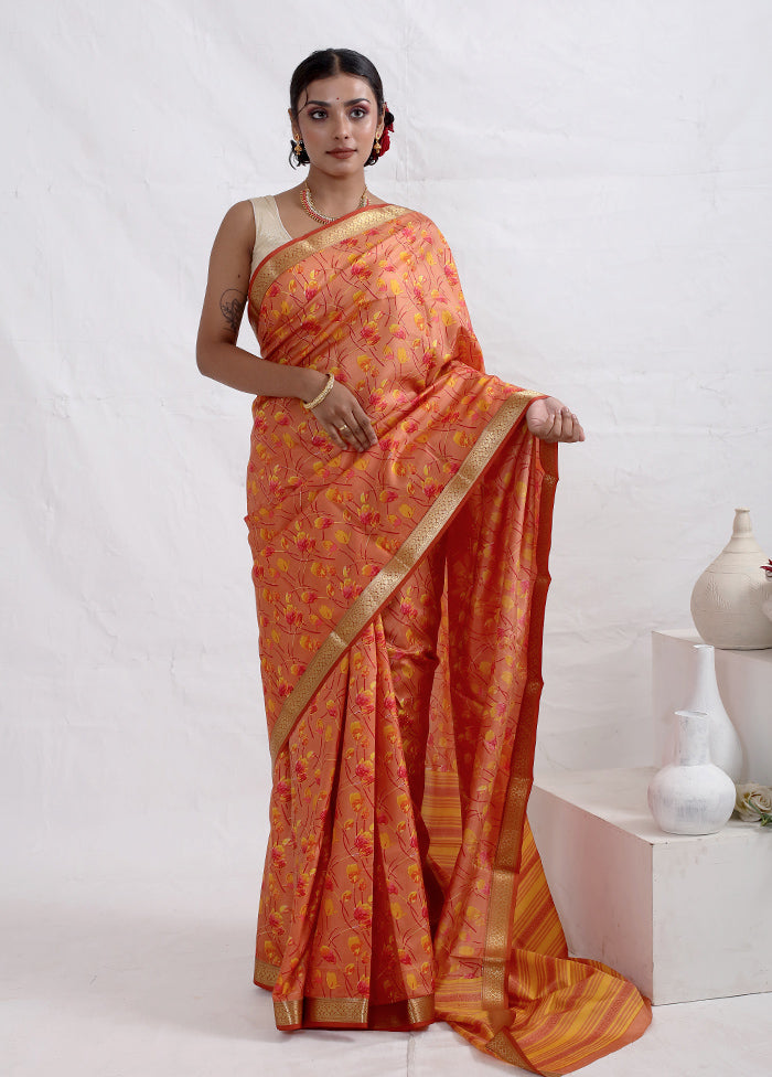 Orange Printed Pure Silk Saree With Blouse Piece - Indian Silk House Agencies