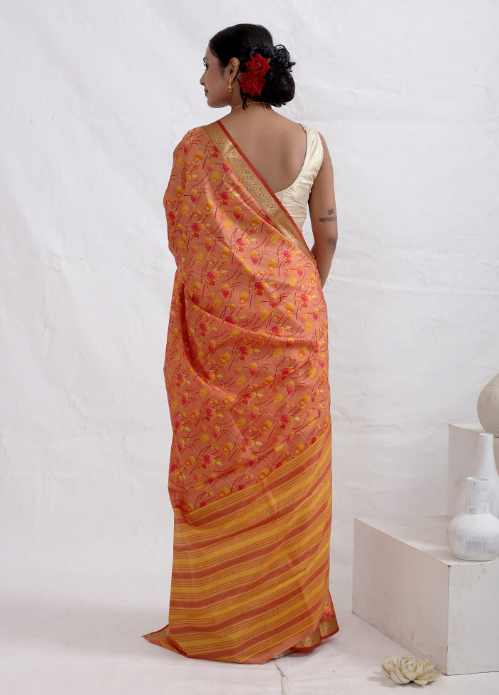 Orange Printed Pure Silk Saree With Blouse Piece - Indian Silk House Agencies