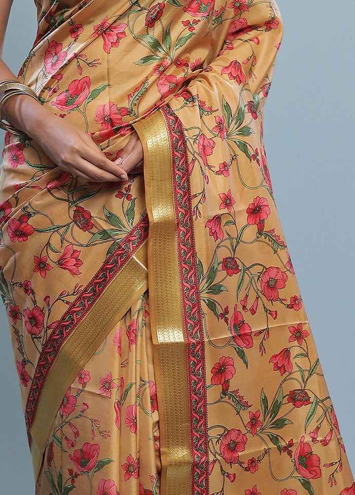 Yellow Printed Pure Silk Saree With Blouse Piece - Indian Silk House Agencies