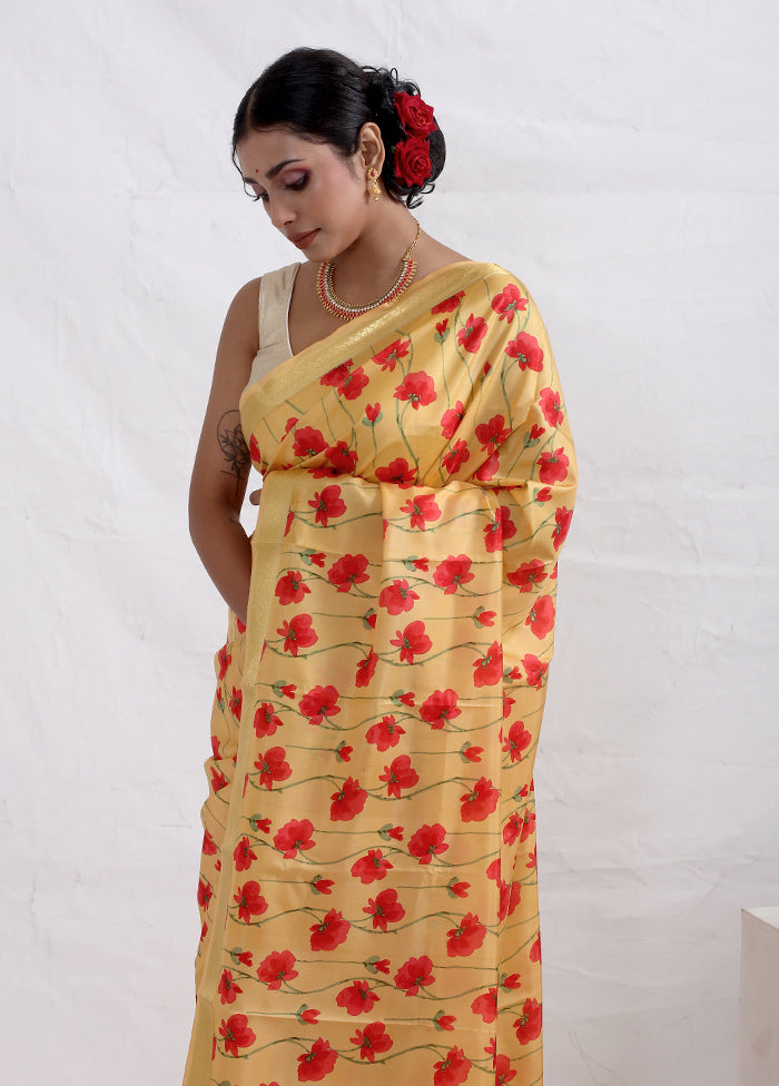 Yellow Printed Pure Silk Saree With Blouse Piece - Indian Silk House Agencies