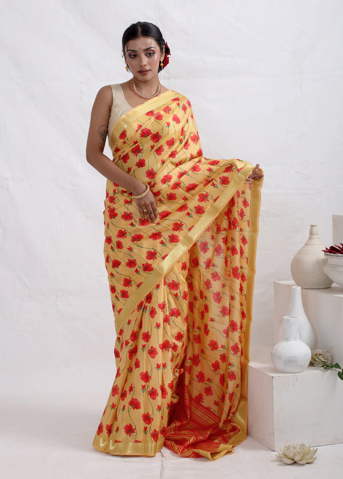 Yellow Printed Pure Silk Saree With Blouse Piece - Indian Silk House Agencies