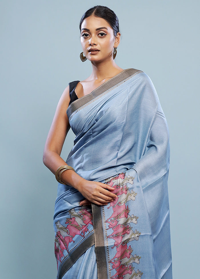 Blue Tussar Pure Silk Saree With Blouse Piece - Indian Silk House Agencies