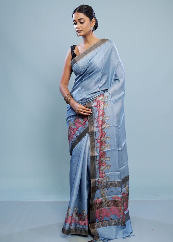 Blue Tussar Pure Silk Saree With Blouse Piece - Indian Silk House Agencies