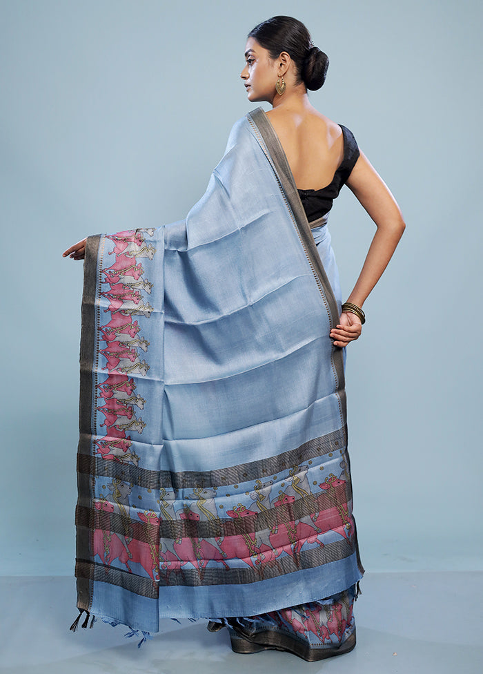 Blue Tussar Pure Silk Saree With Blouse Piece - Indian Silk House Agencies