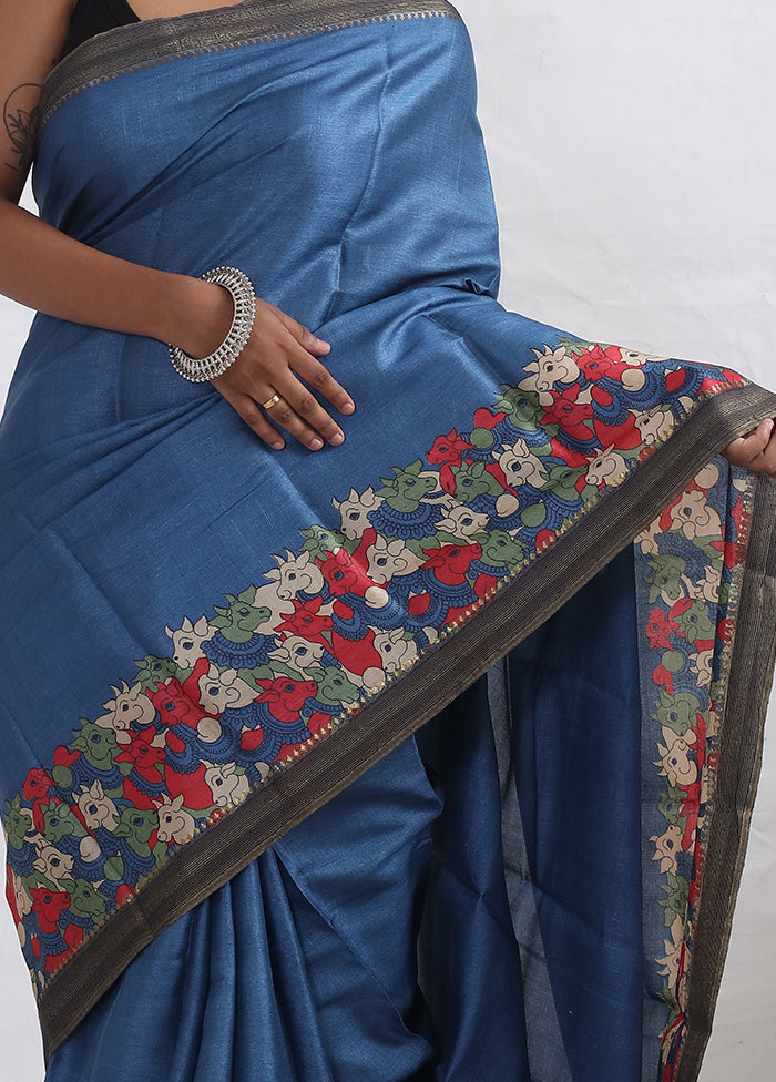 Blue Tussar Pure Silk Saree With Blouse Piece - Indian Silk House Agencies