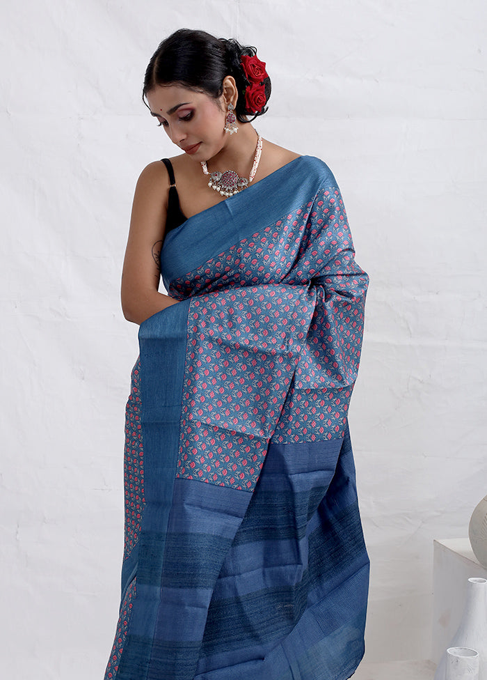 Blue Tussar Pure Silk Saree With Blouse Piece - Indian Silk House Agencies