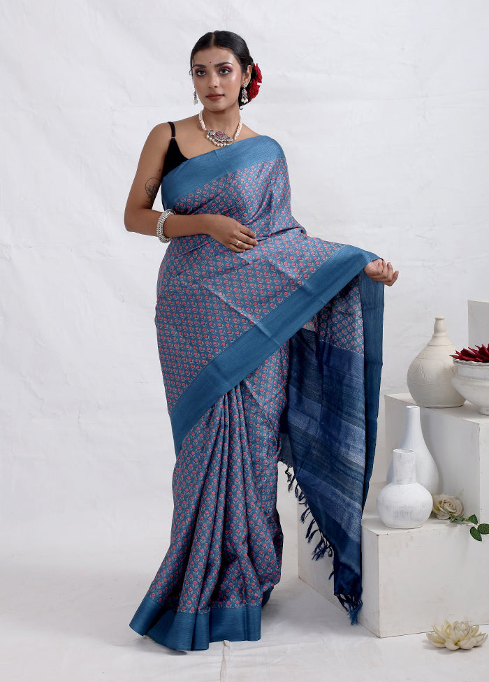 Blue Tussar Pure Silk Saree With Blouse Piece - Indian Silk House Agencies