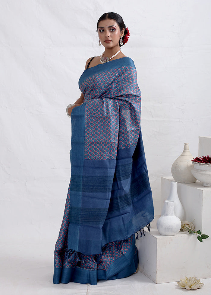 Blue Tussar Pure Silk Saree With Blouse Piece - Indian Silk House Agencies