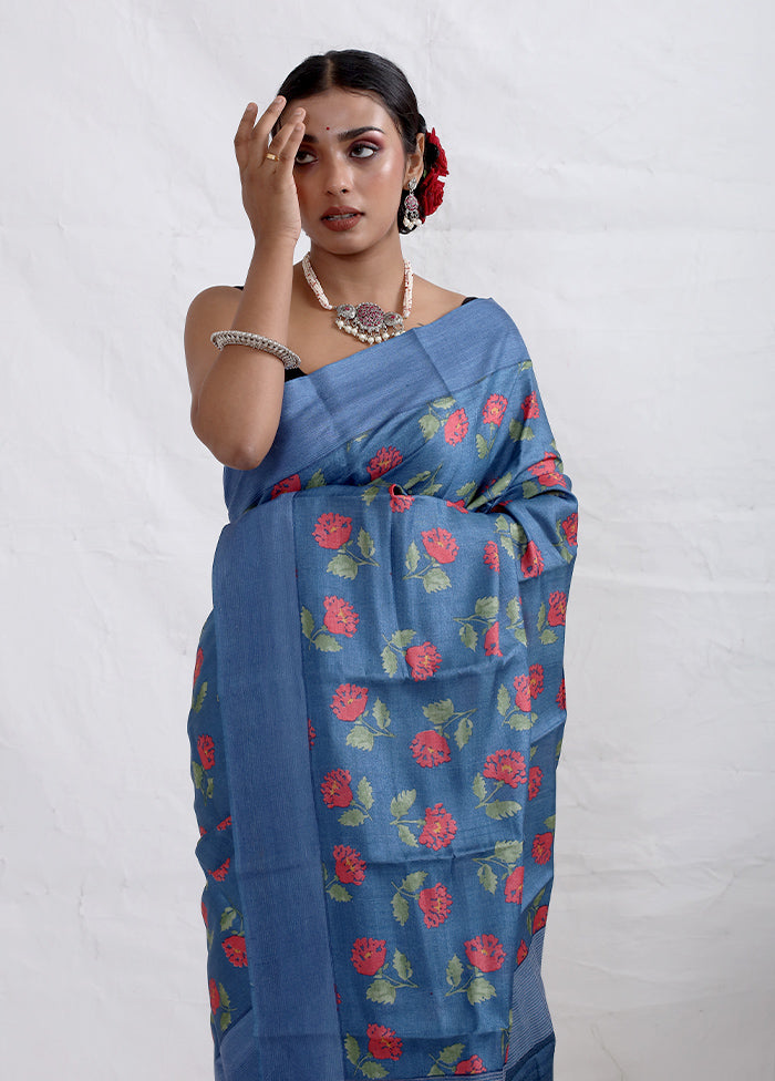 Blue Tussar Pure Silk Saree With Blouse Piece - Indian Silk House Agencies