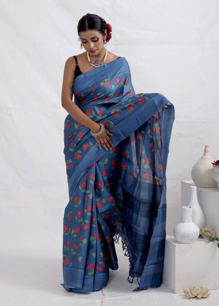 Blue Tussar Pure Silk Saree With Blouse Piece - Indian Silk House Agencies