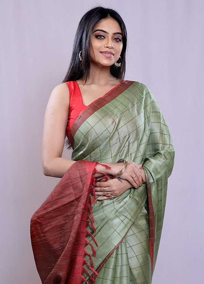 Green Tussar Pure Silk Saree With Blouse Piece - Indian Silk House Agencies