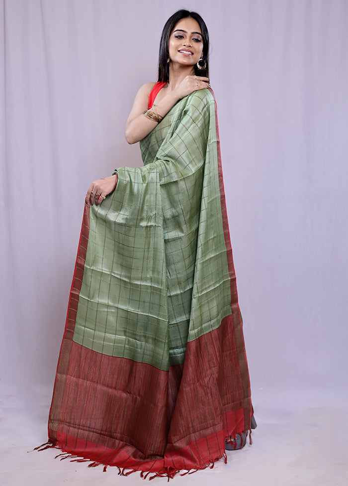 Green Tussar Pure Silk Saree With Blouse Piece - Indian Silk House Agencies