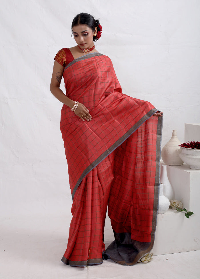 Red Tussar Pure Silk Saree With Blouse Piece - Indian Silk House Agencies