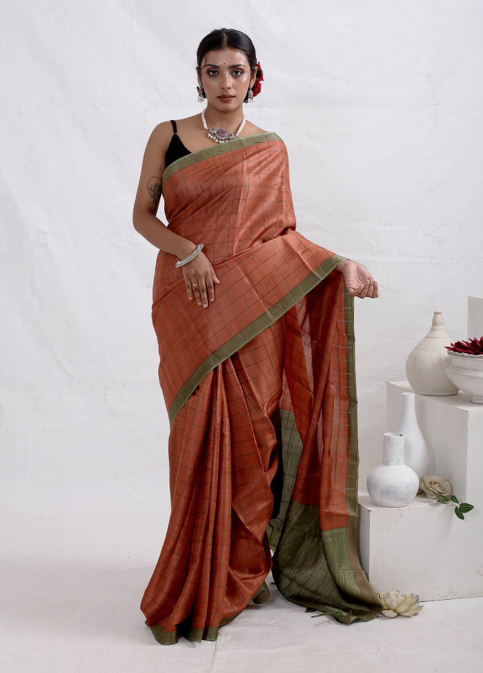 Rust Tussar Pure Silk Saree With Blouse Piece - Indian Silk House Agencies