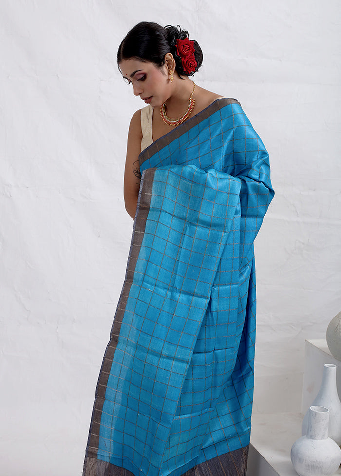 Blue Tussar Pure Silk Saree With Blouse Piece - Indian Silk House Agencies