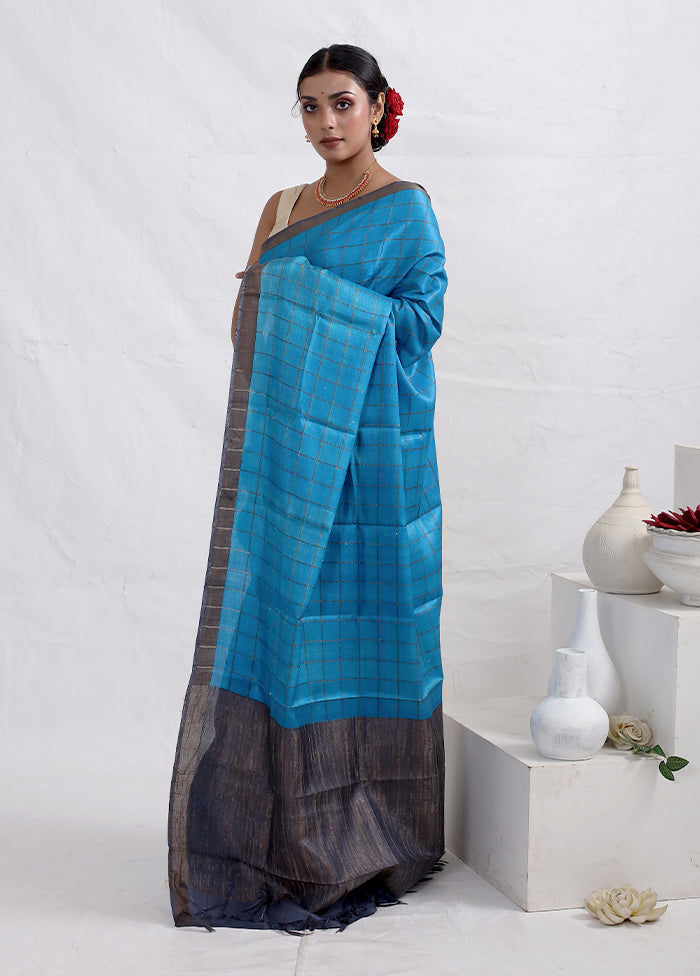 Blue Tussar Pure Silk Saree With Blouse Piece - Indian Silk House Agencies