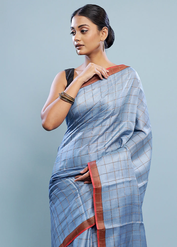 Blue Tussar Pure Silk Saree With Blouse Piece - Indian Silk House Agencies