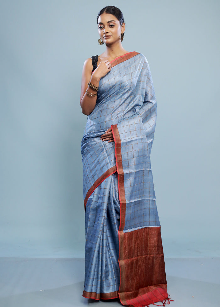 Blue Tussar Pure Silk Saree With Blouse Piece - Indian Silk House Agencies